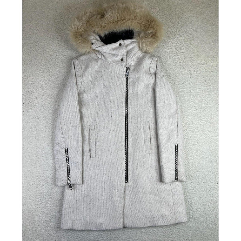 Mango Womens XS Gray Hooded Wool Blend Faux Fur Trim Zip Quilted Parka Coat